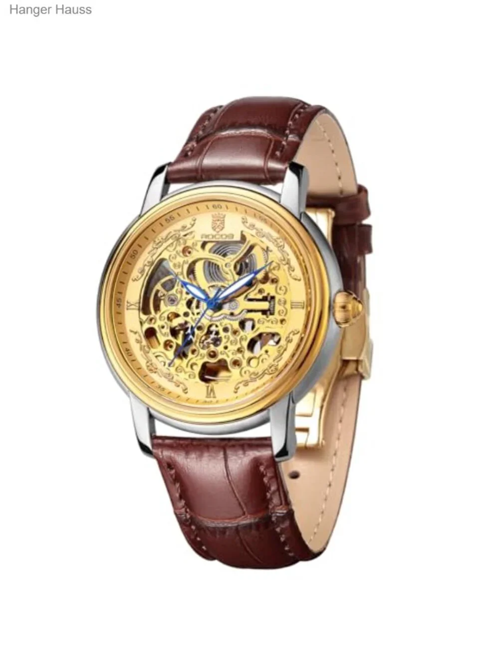 Men's Automatic Skeleton Watch Gold Stainless Steel Brown Leather Strap